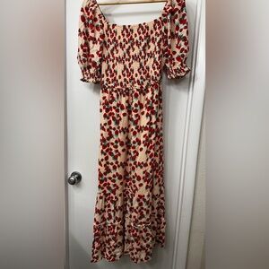 Betsey Johnson Strawberry Fields Smocked Challis Puff Sleeve  Maxi Dress size L